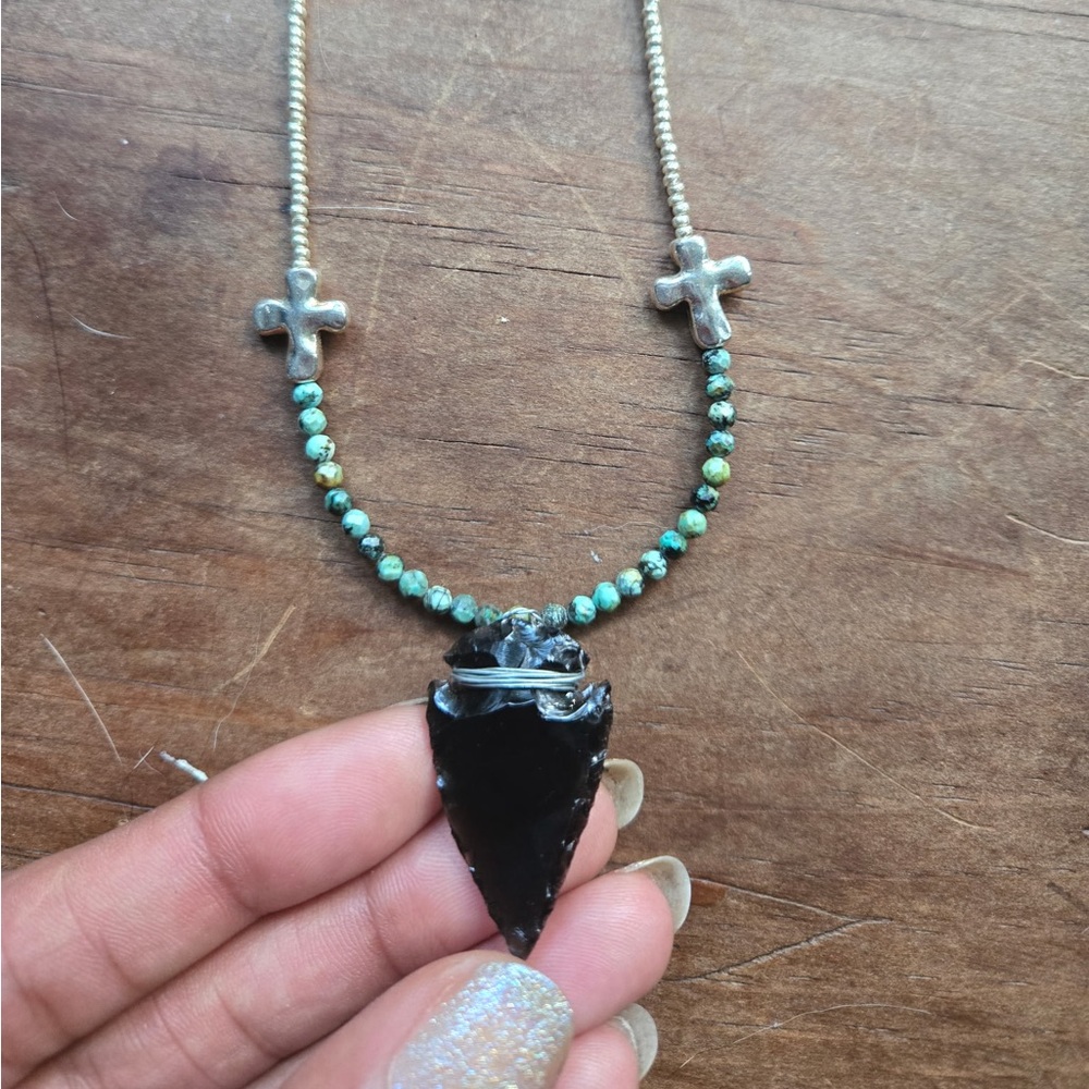 Wire Wrapped Obsidian Arrowhead Necklace with Amazonite and Silver Beads
